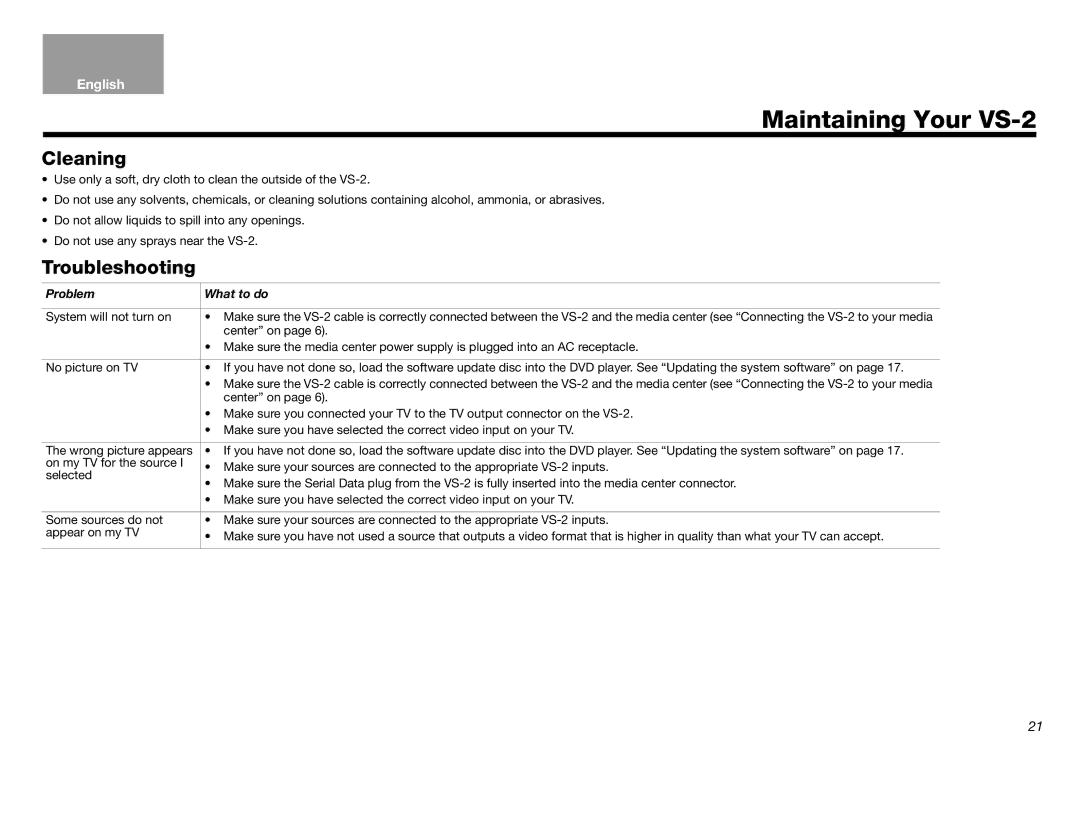 Bose Lifestyle (R) VS-2 manual Maintaining Your VS-2, Cleaning, Troubleshooting 