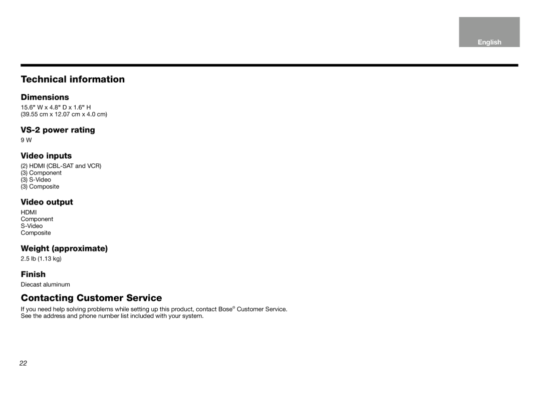 Bose Lifestyle (R) VS-2 manual Technical information, Contacting Customer Service 