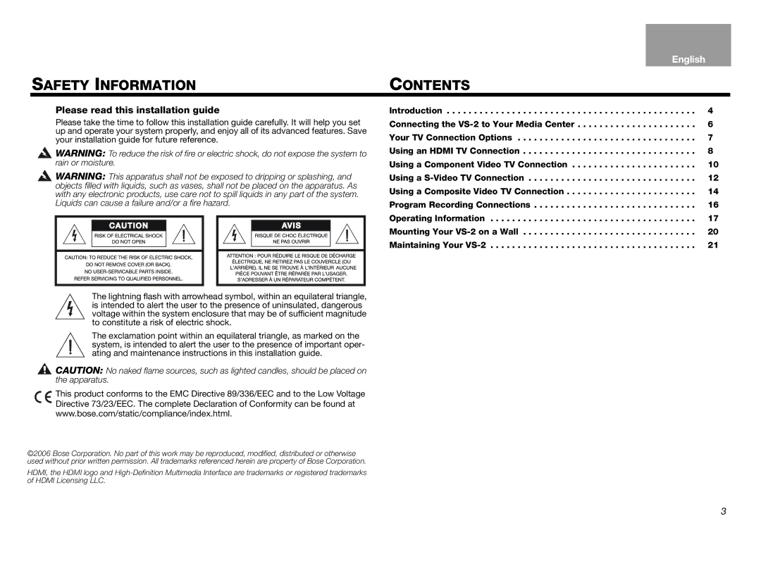 Bose Lifestyle (R) VS-2 manual Safety Information Contents 