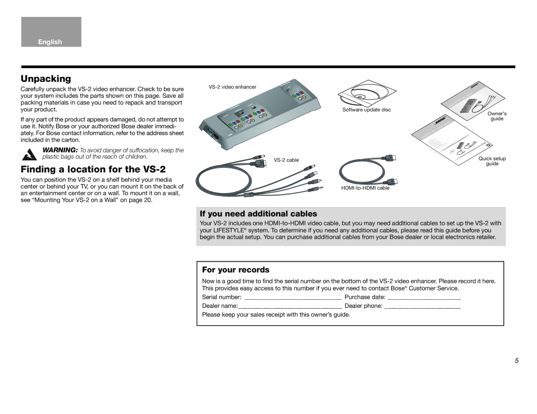 Bose Lifestyle (R) VS-2 manual Unpacking, Finding a location for the VS-2 