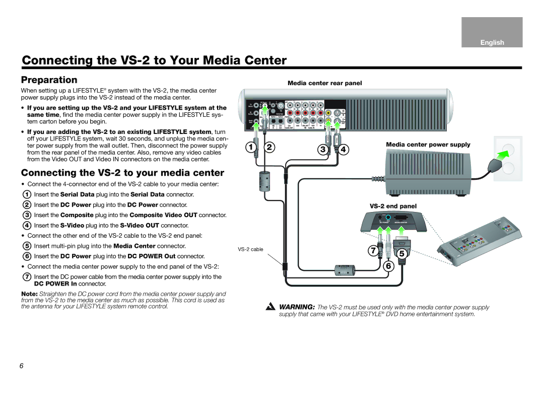 Bose Lifestyle (R) VS-2 Connecting the VS-2 to Your Media Center, Preparation, Connecting the VS-2 to your media center 