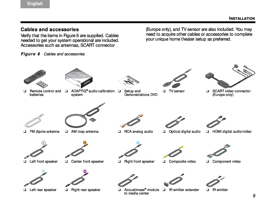 Bose Lifestyle V-Class manual Cables and accessories, English, Installation 