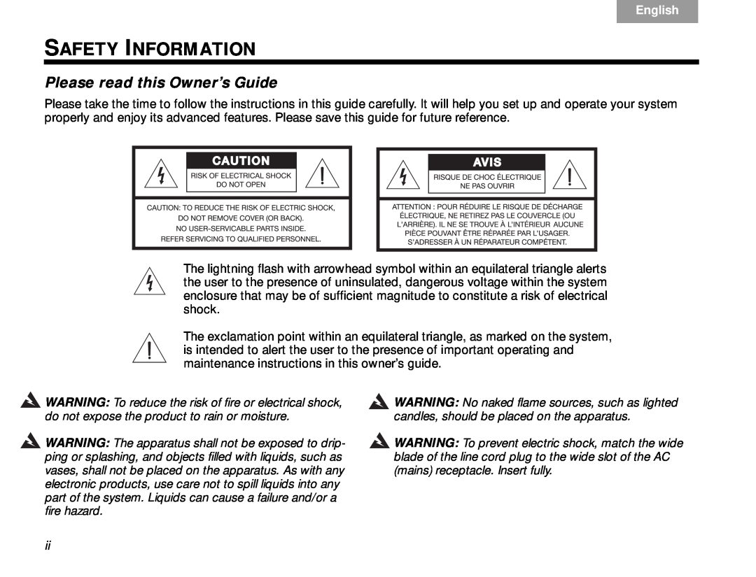 Bose Lifestyle V-Class manual Safety Information, Please read this Owner’s Guide, English 