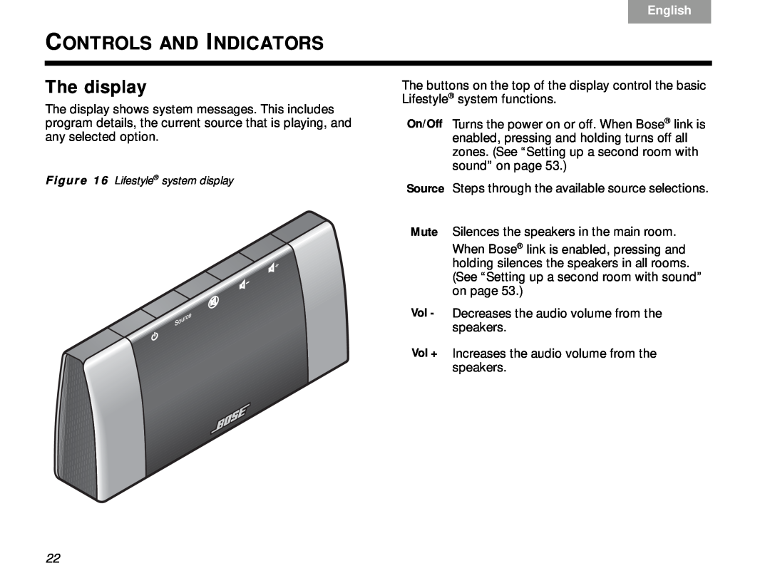 Bose Lifestyle V-Class manual Controls And Indicators, The display, TAB 6Italiano, English 