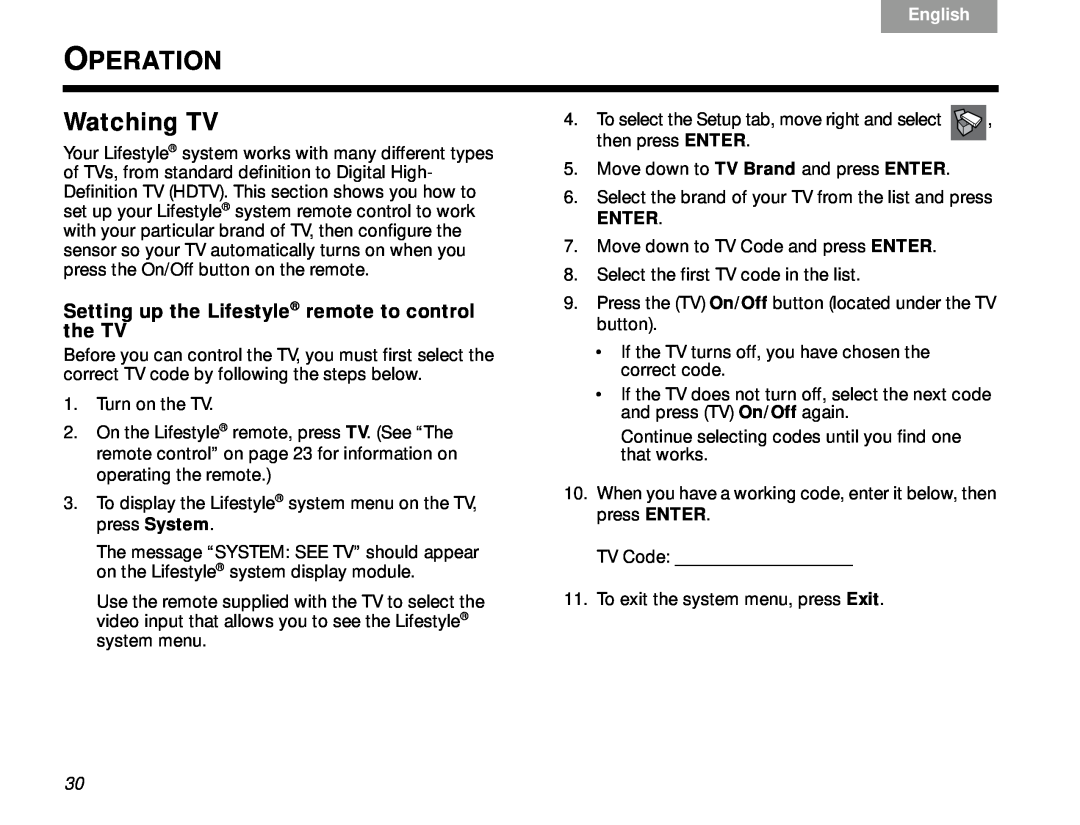 Bose Lifestyle V-Class Operation, Watching TV, Setting up the Lifestyle remote to control the TV, Enter, TAB 6Italiano 