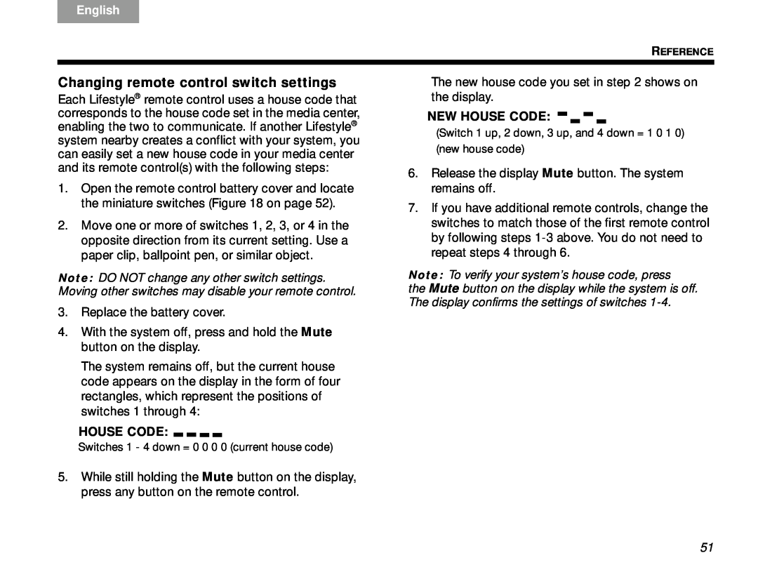 Bose Lifestyle V-Class manual Changing remote control switch settings, New House Code, English 