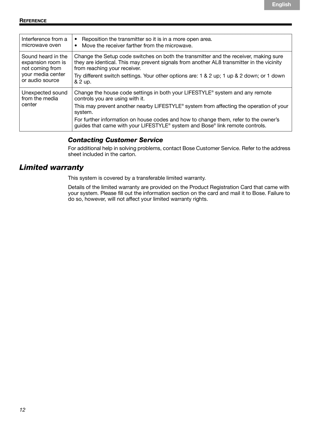 Bose Link AL8 manual Limited warranty, Contacting Customer Service 