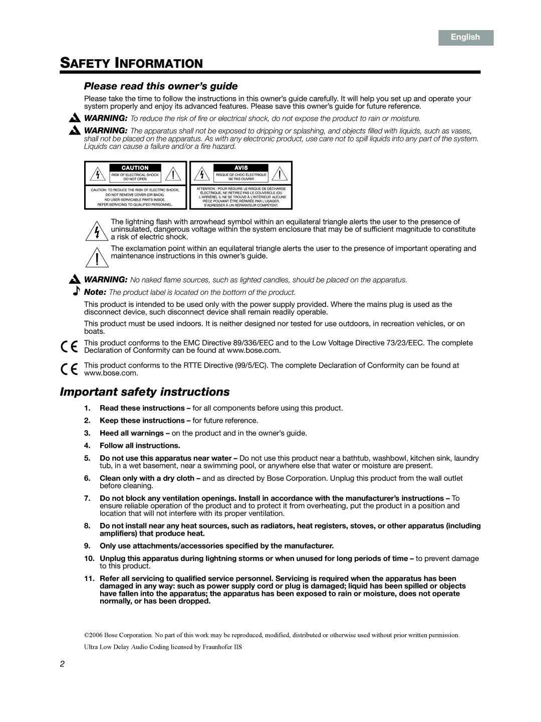 Bose Link AL8 manual Important safety instructions, Please read this owner’s guide 