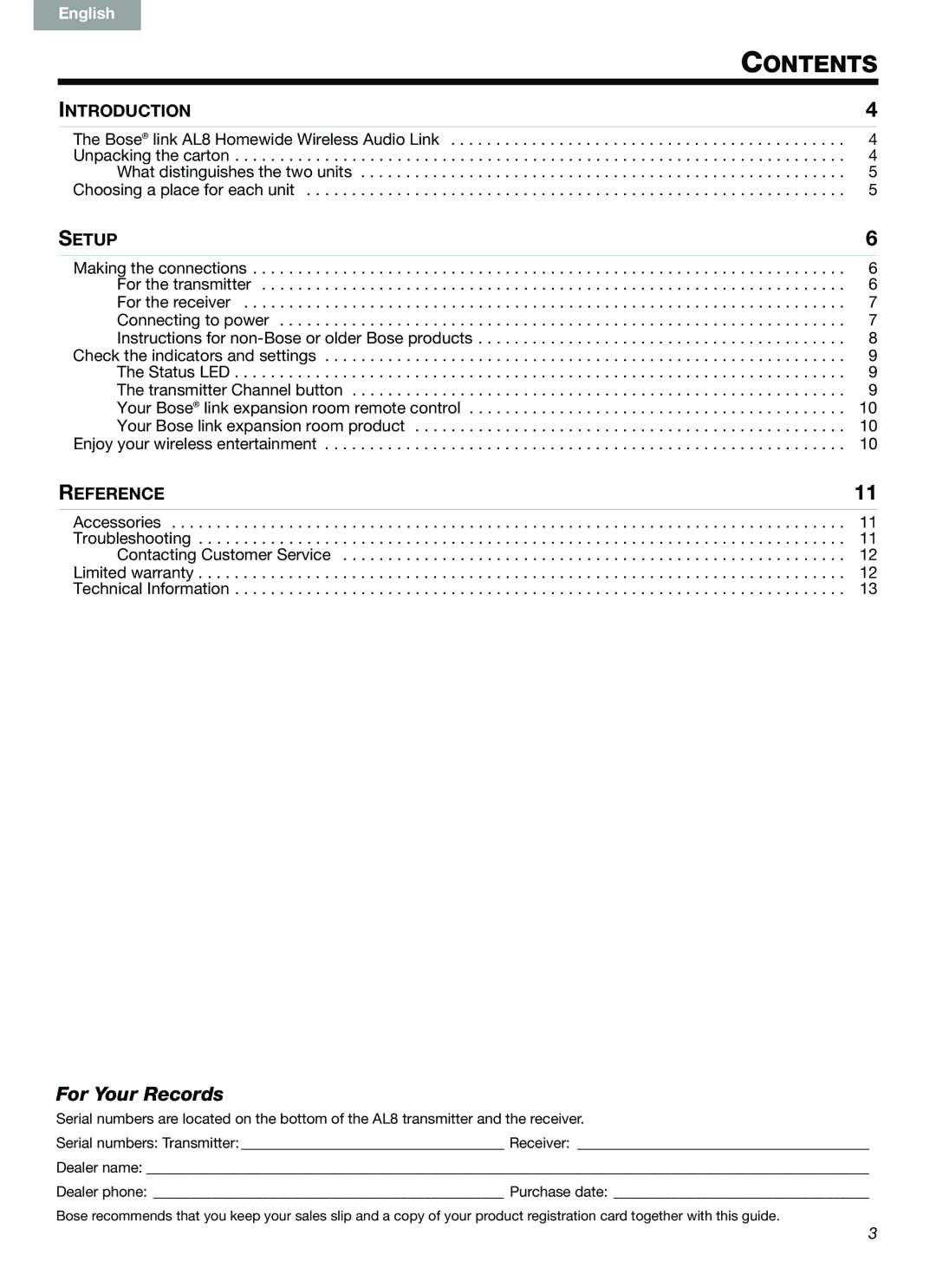 Bose Link AL8 manual Contents 