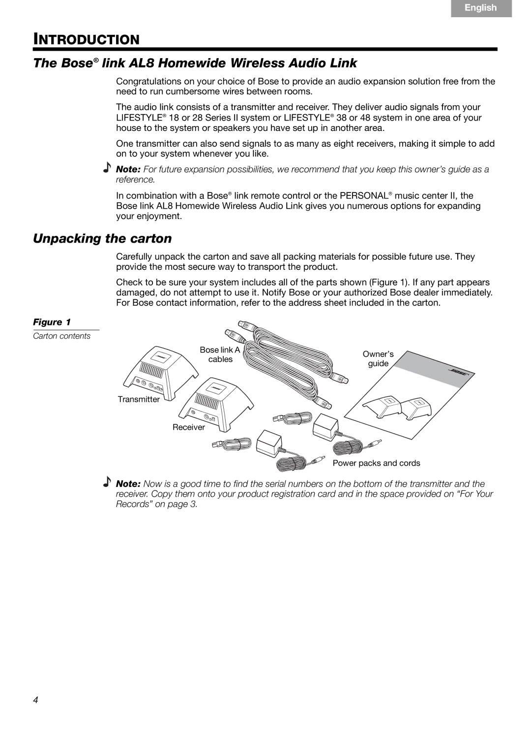 Bose Link AL8 manual BoseŠ link AL8 Homewide Wireless Audio Link, Unpacking the carton 