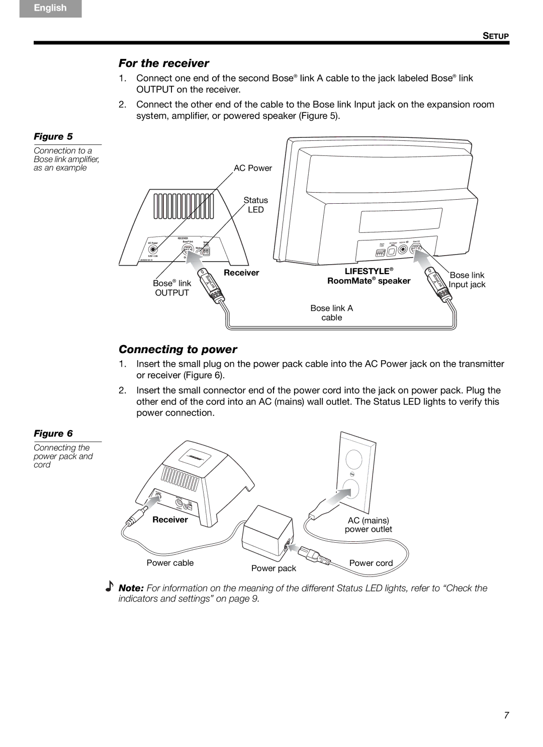 Bose Link AL8 manual For the receiver, Connecting to power 