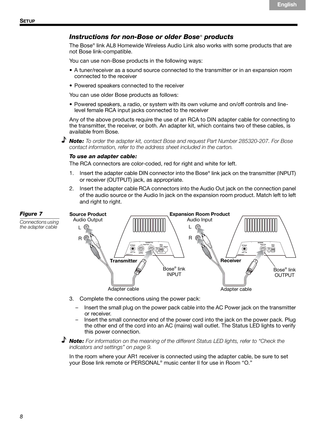 Bose Link AL8 manual Instructions for non-Bose or older Bose products, To use an adapter cable 