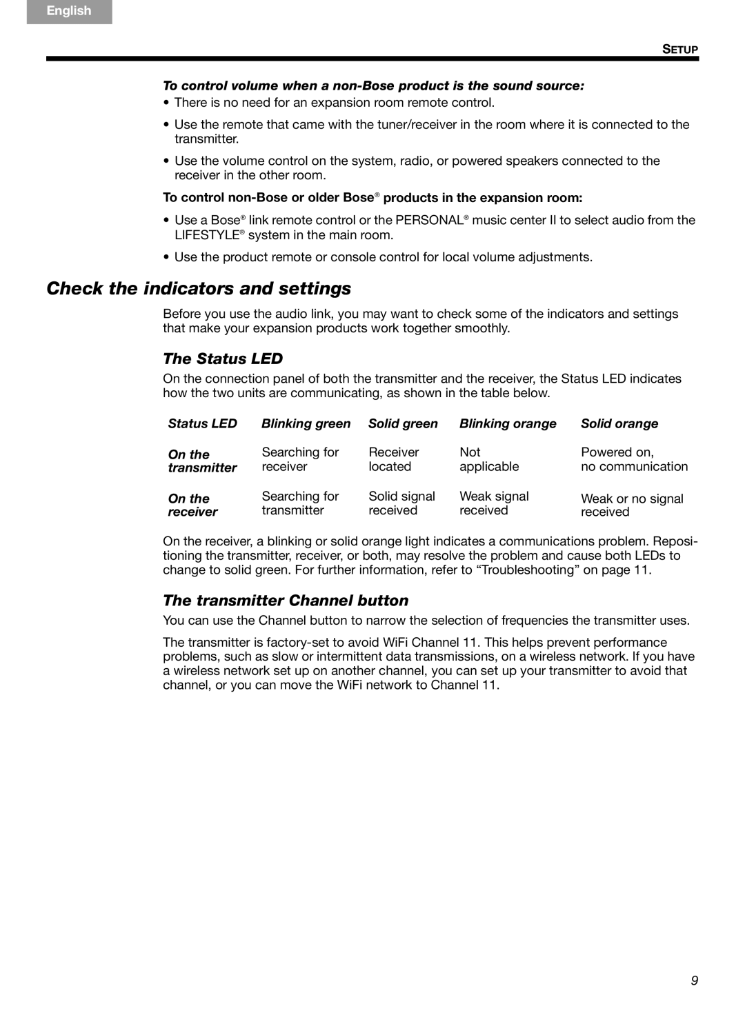 Bose Link AL8 manual Check the indicators and settings, Status LED, Transmitter Channel button, Receiver 