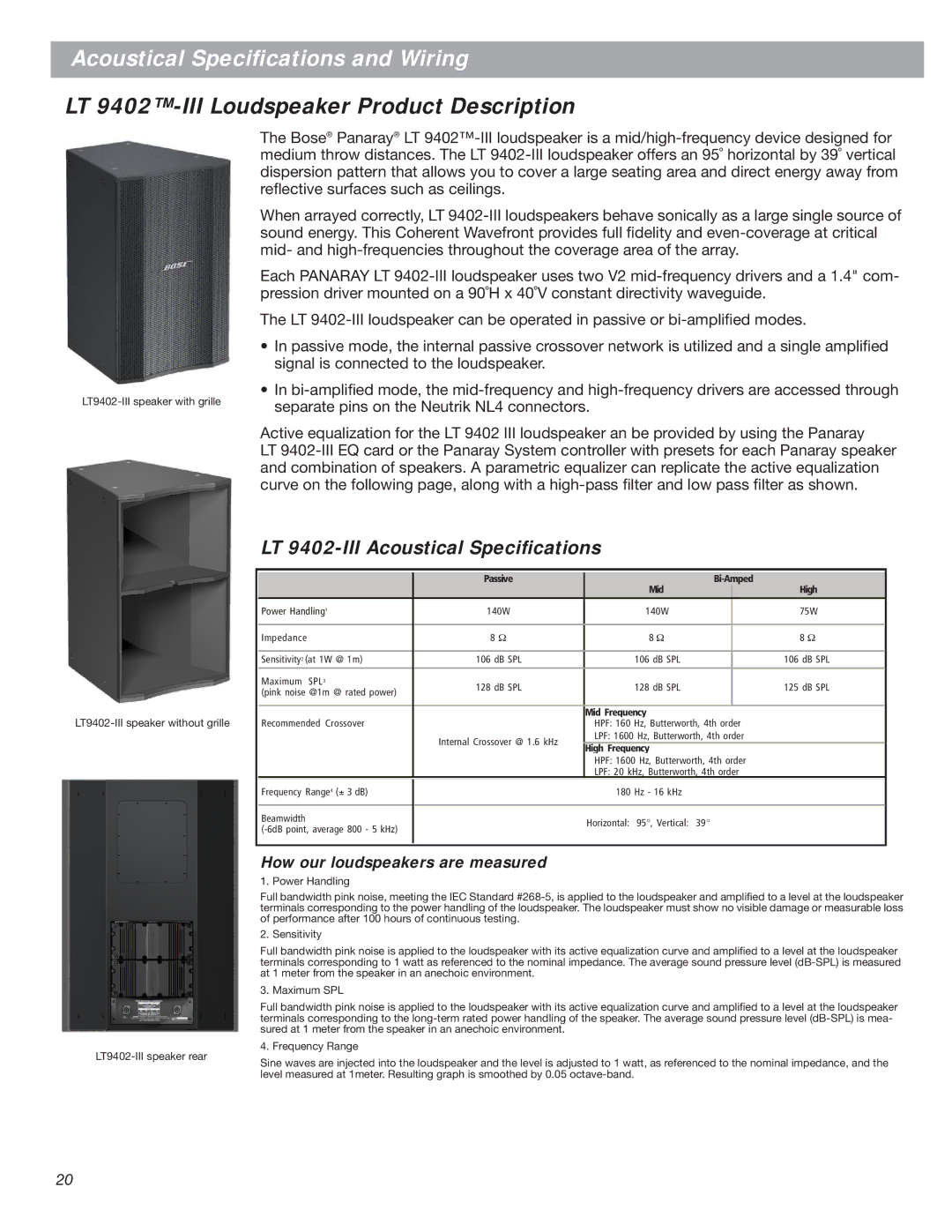 Bose LT 4402, LT 9702, LT MB24 III manual LT 9402-III Loudspeaker Product Description, LT 9402-III Acoustical Speciﬁcations 