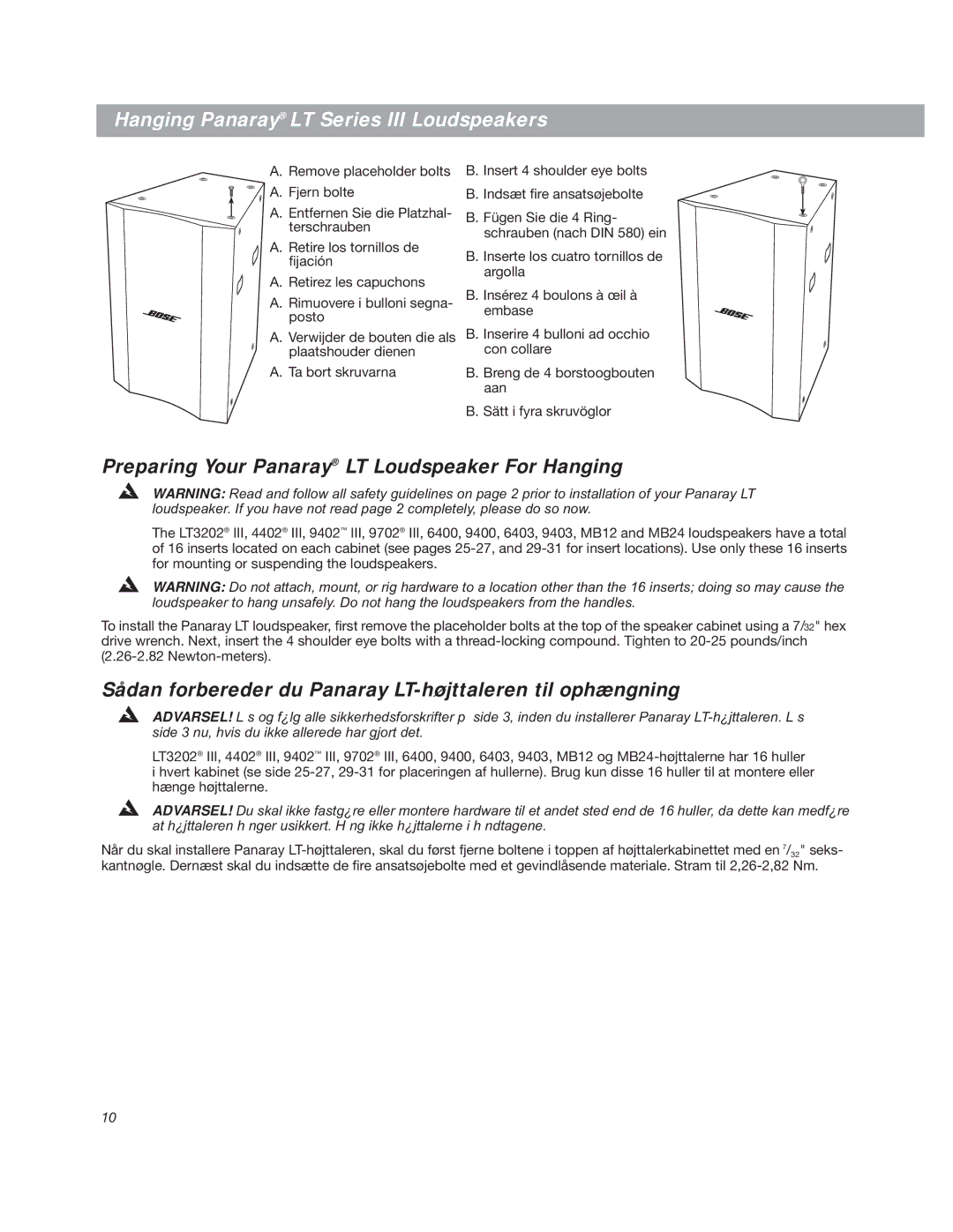 Bose LT3202 manual Hanging Panaray LT Series III Loudspeakers, Preparing Your Panaray LT Loudspeaker For Hanging 