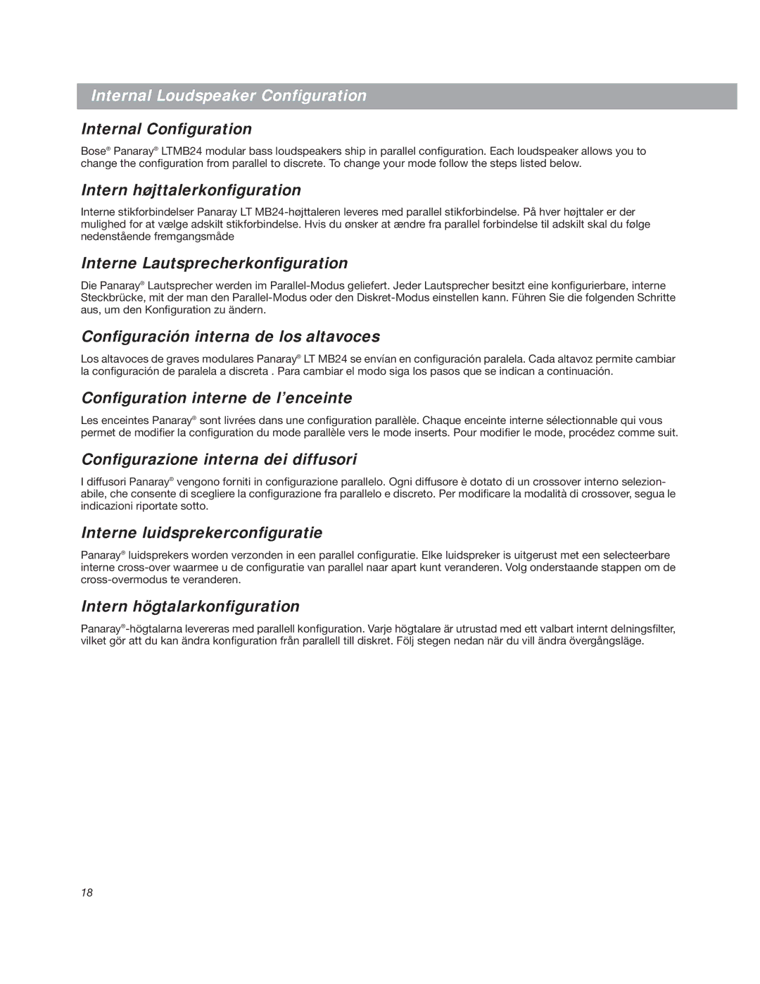 Bose LT3202 manual Internal Conﬁguration, Intern højttalerkonﬁguration 