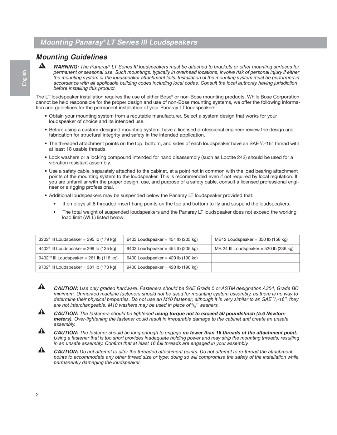 Bose LT3202 manual Mounting Panaray LT Series lll Loudspeakers, Mounting Guidelines 