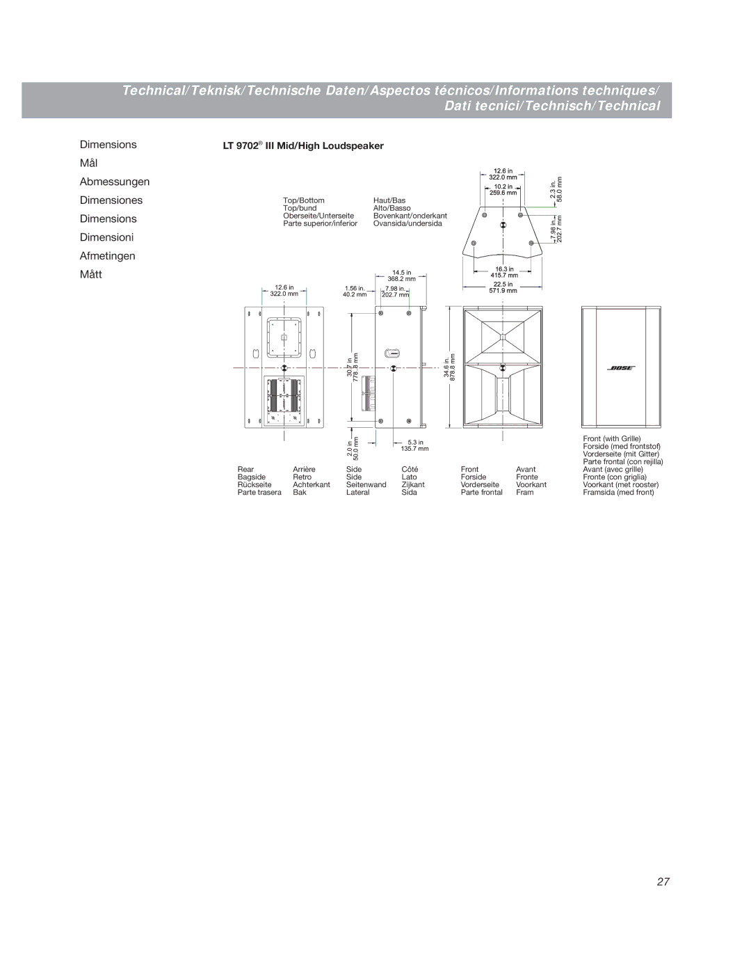 Bose LT3202 manual LT 9702 III Mid/High Loudspeaker 