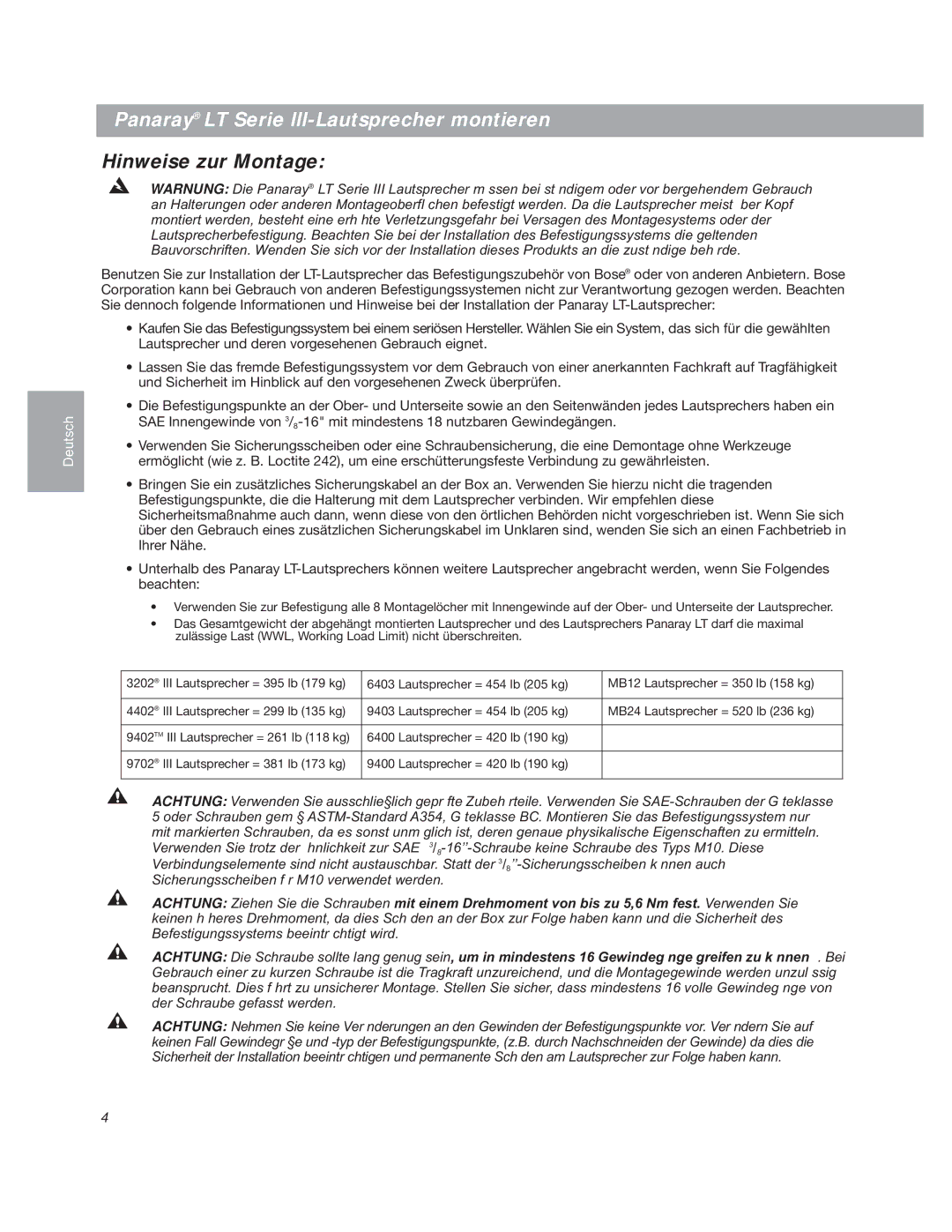 Bose LT3202 manual Panaray LT Serie lll-Lautsprecher montieren, Hinweise zur Montage 