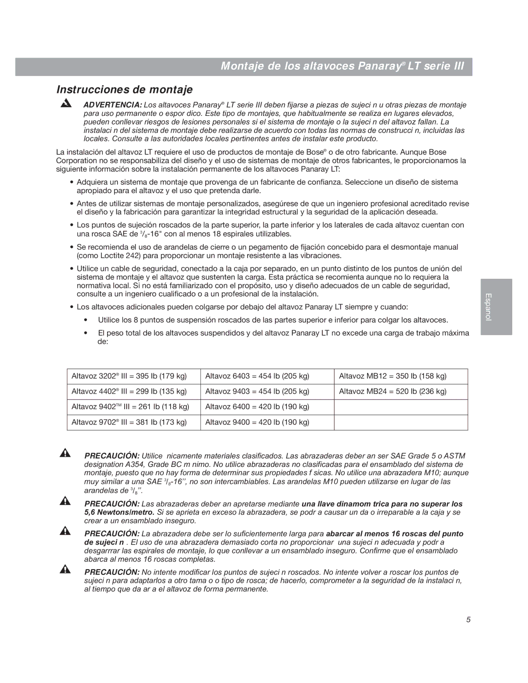 Bose LT3202 manual Montaje de los altavoces Panaray LT serie, Instrucciones de montaje 