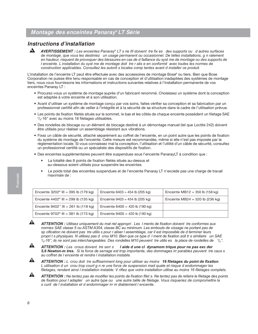 Bose LT3202 manual Montage des enceintes Panaray LT Série, Instructions d’installation 