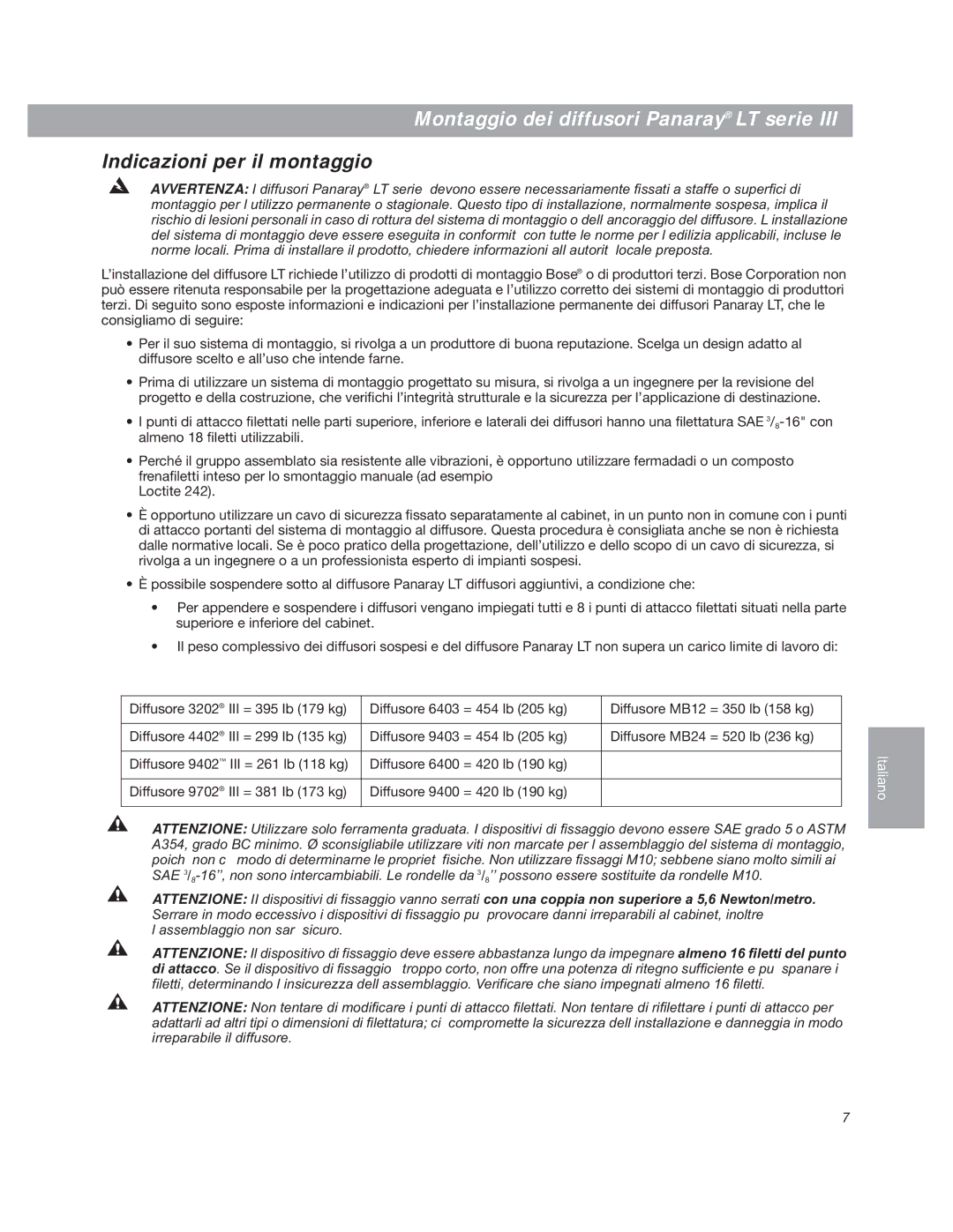 Bose LT3202 manual Montaggio dei diffusori Panaray LT serie, Indicazioni per il montaggio 