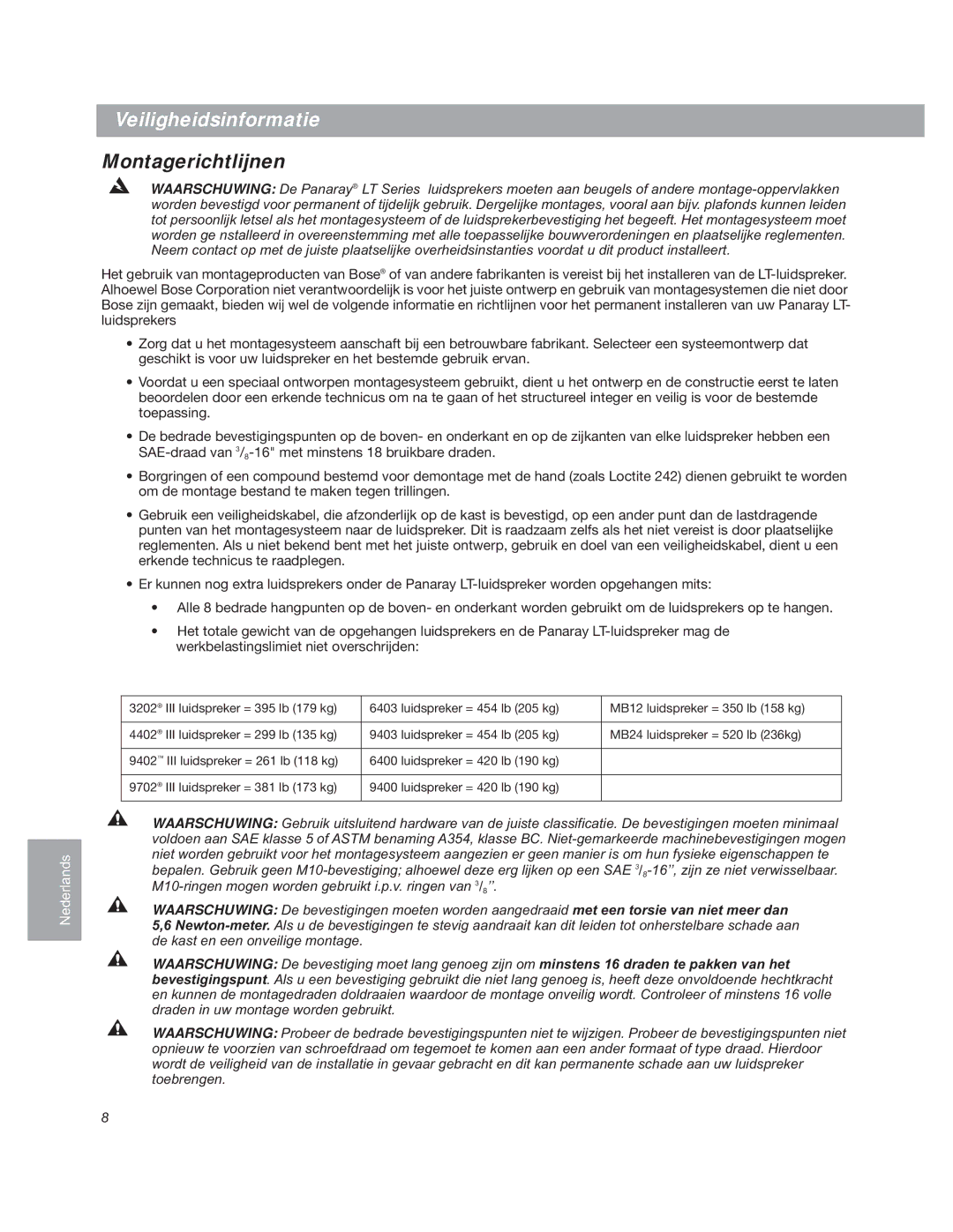 Bose LT3202 manual Veiligheidsinformatie, Montagerichtlijnen 