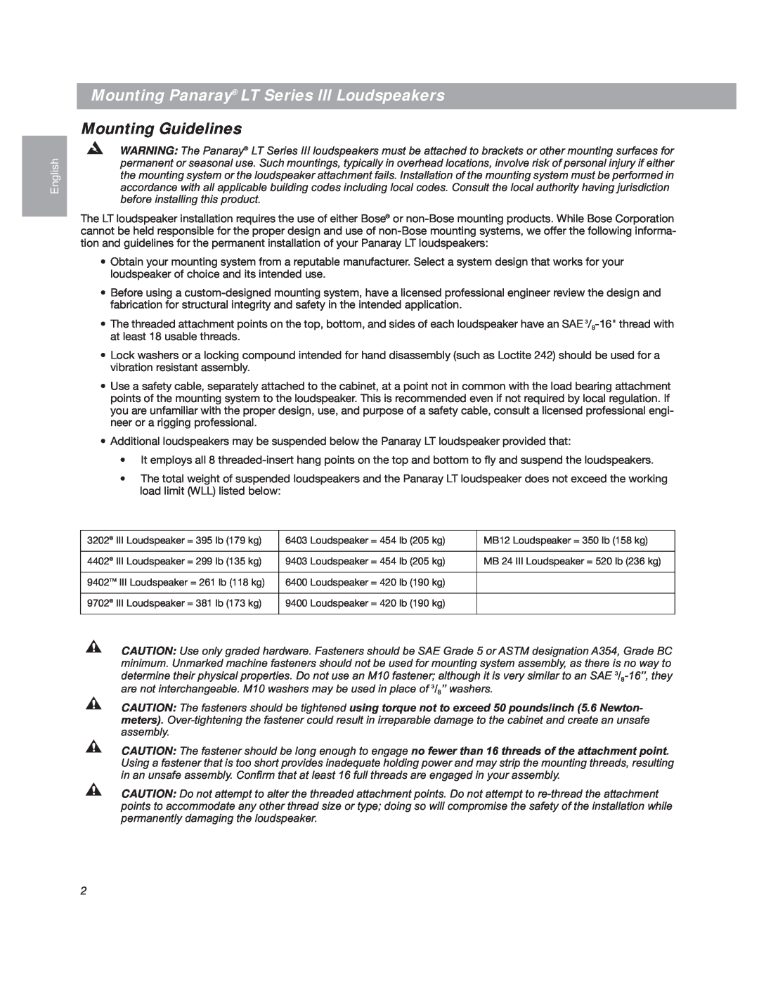 Bose LT3202 manual Mounting Panaray LT Series lll Loudspeakers, Mounting Guidelines, English 