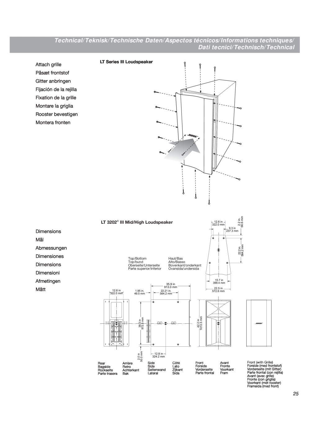 Bose LT3202 manual Dimensions Mål Abmessungen Dimensiones Dimensions Dimensioni, Afmetingen Mått 