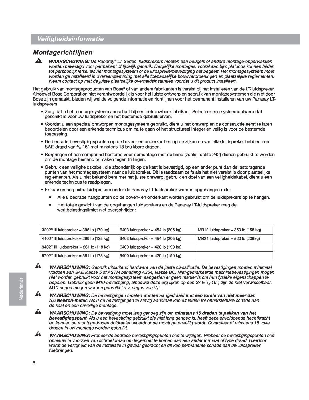 Bose LT3202 manual Veiligheidsinformatie, Montagerichtlijnen, Nederlands 