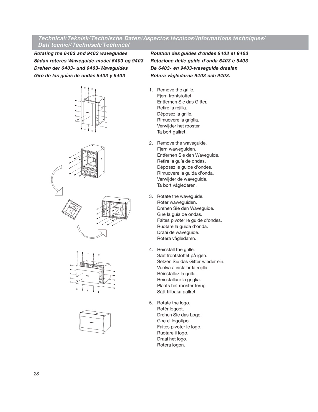 Bose LT6400, LT6403, LT9403, LT9400, LT9402TM, LT9702, LT4402, LTMB12 manual Drehen Sie den Waveguide. Gire la guía de ondas 