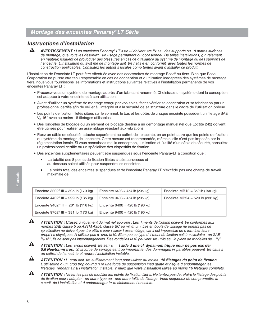 Bose LT4402, LT6403, LT9403, LT9400, LT9402TM, LT6400 manual Montage des enceintes Panaray LT Série, Instructions d’installation 