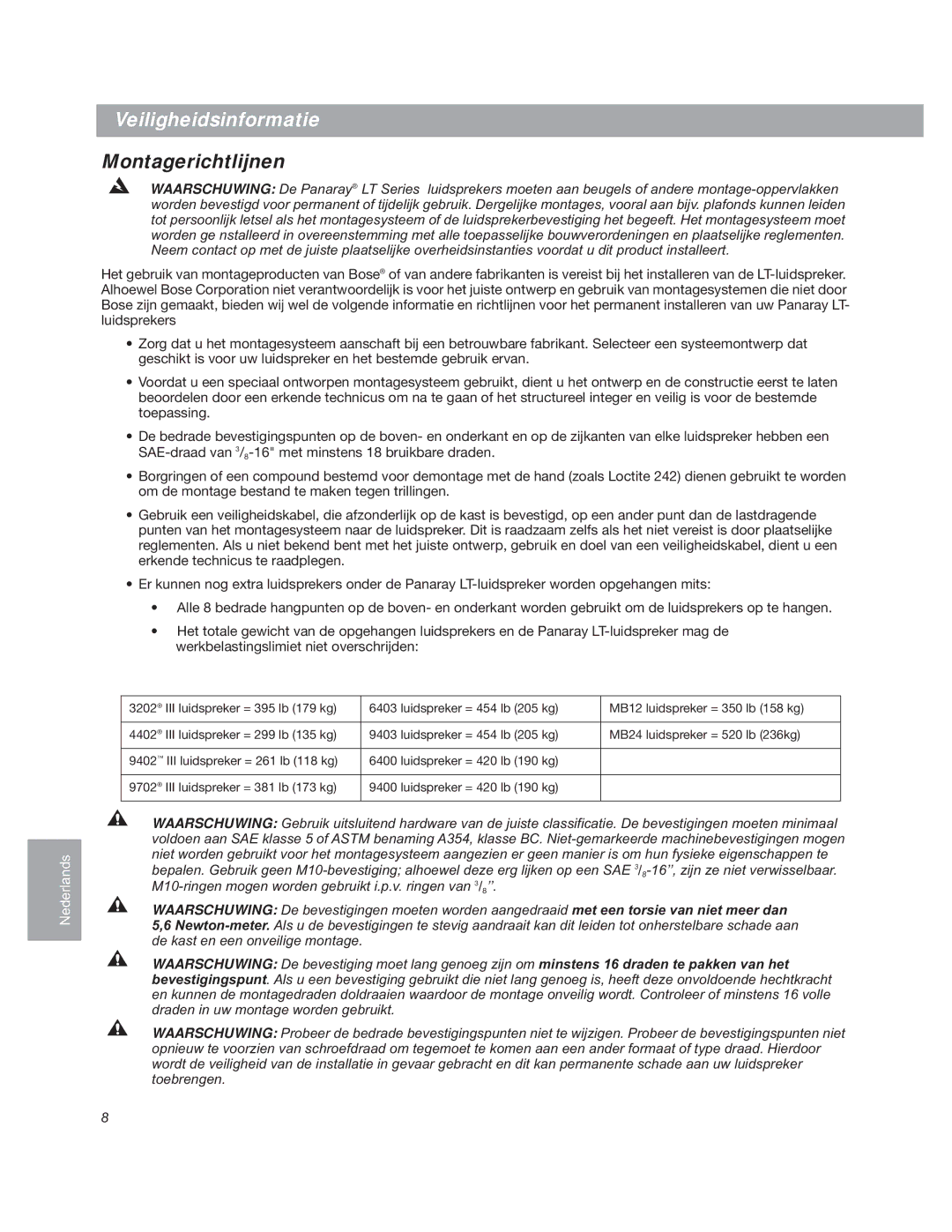 Bose LT6403, LT9403, LT9400, LT9402TM, LT6400, LT9702, LT4402, LTMB12 manual Veiligheidsinformatie, Montagerichtlijnen 