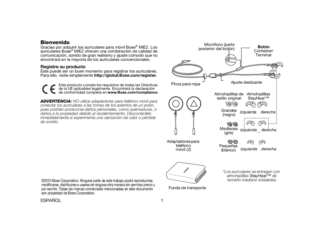 Bose MIE2 manual Bienvenido, Registre su producto 