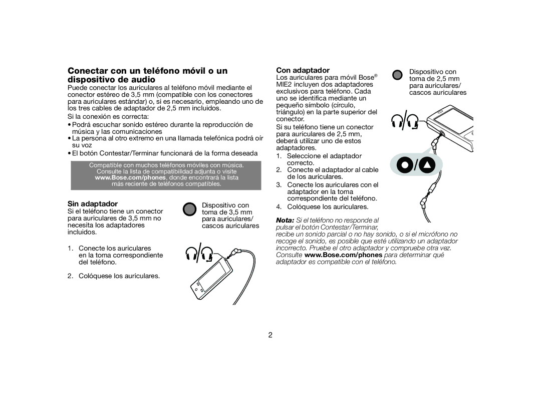 Bose MIE2 manual Conectar con un teléfono móvil o un dispositivo de audio, Con adaptador, Sin adaptador 