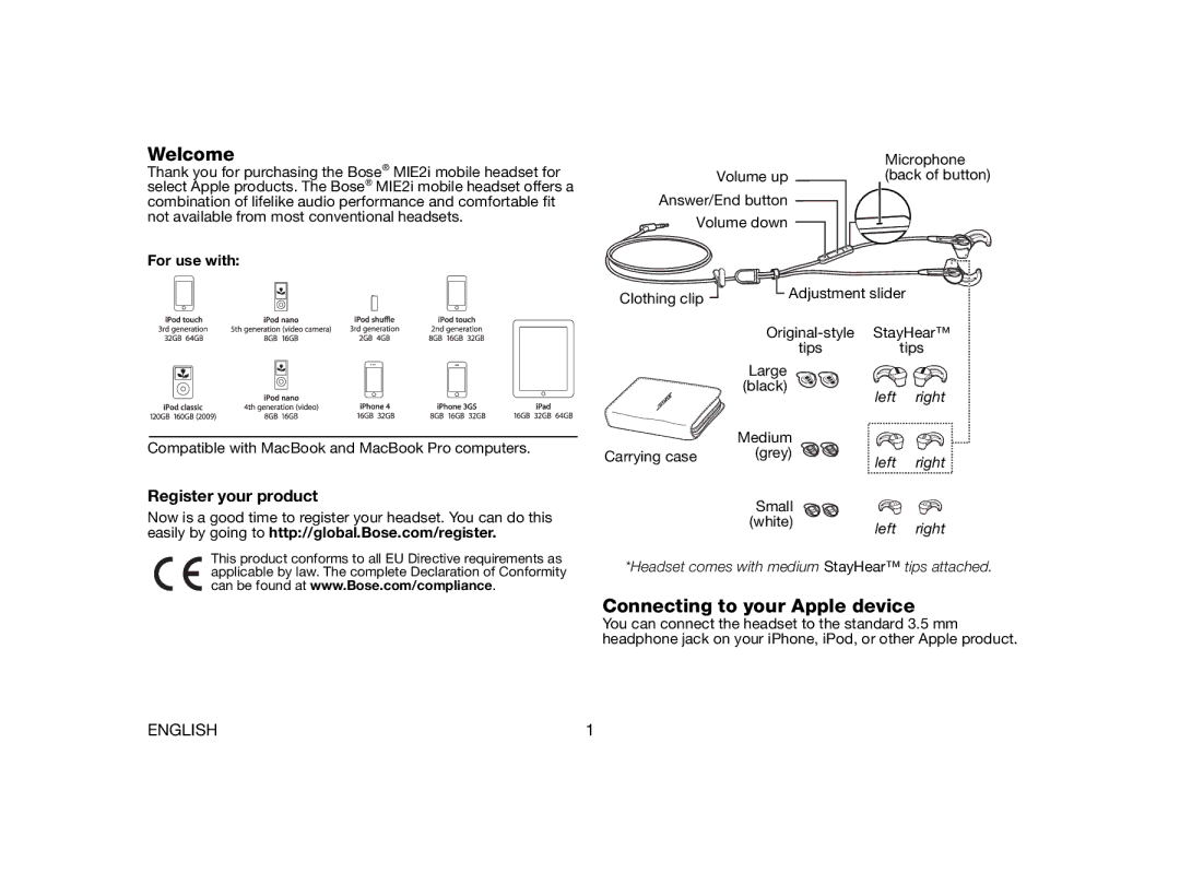 Bose MIE2I manual Welcome, Connecting to your Apple device, Register your product 