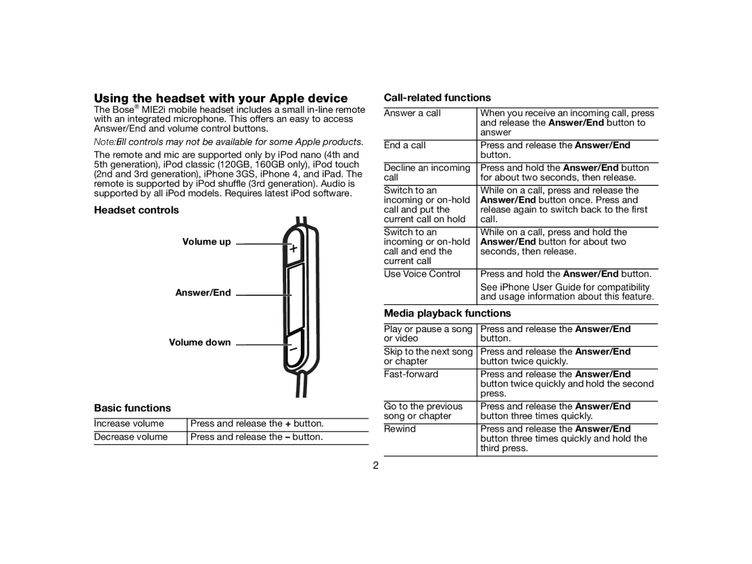 Bose MIE2I manual Using the headset with your Apple device, Headset controls, Basic functions, Call-related functions 