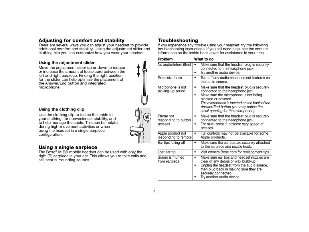 Bose MIE2I manual Adjusting for comfort and stability, Using a single earpiece, Troubleshooting 