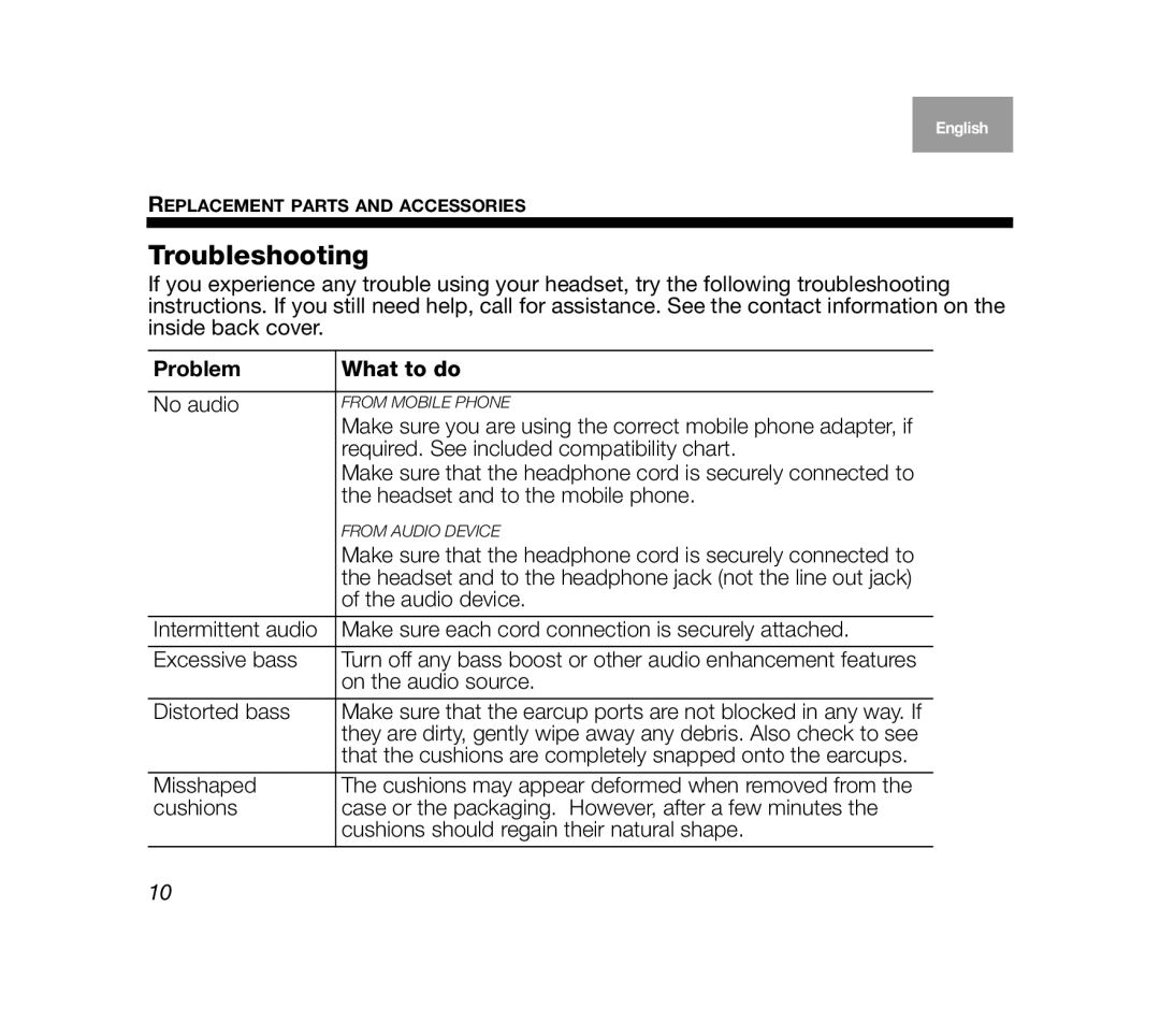 Bose Mobile On-Ear Headset manual Troubleshooting, Problem What to do 