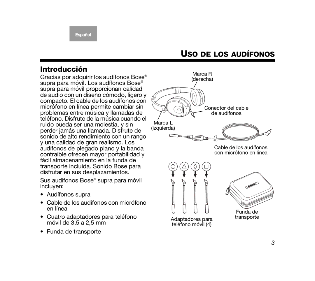 Bose Mobile On-Ear Headset manual USO DE LOS Audífonos, Introducción 