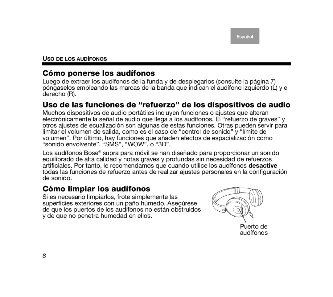 Bose Mobile On-Ear Headset manual Cómo ponerse los audífonos, Cómo limpiar los audífonos 