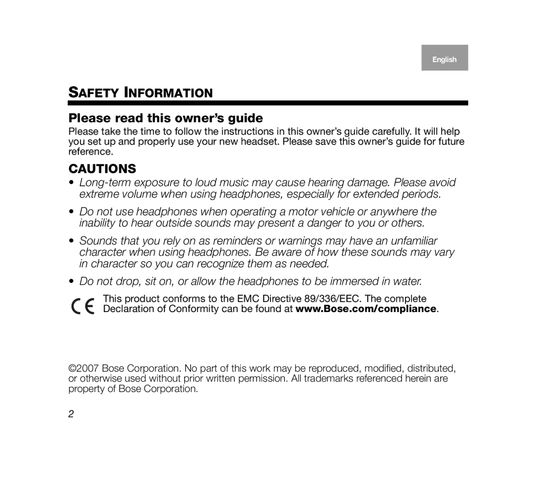 Bose Mobile On-Ear Headset manual Safety Information, Please read this owner’s guide 