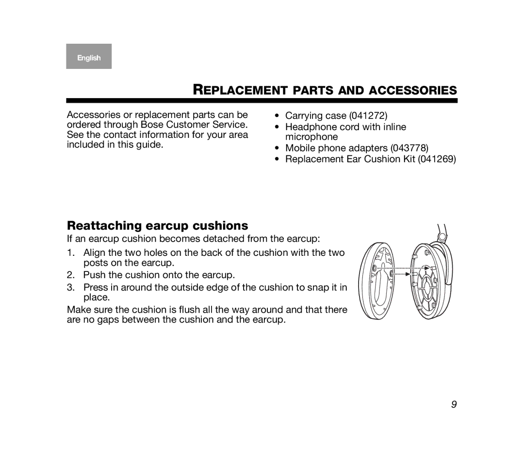 Bose Mobile On-Ear Headset manual Replacement Parts and Accessories, Reattaching earcup cushions 