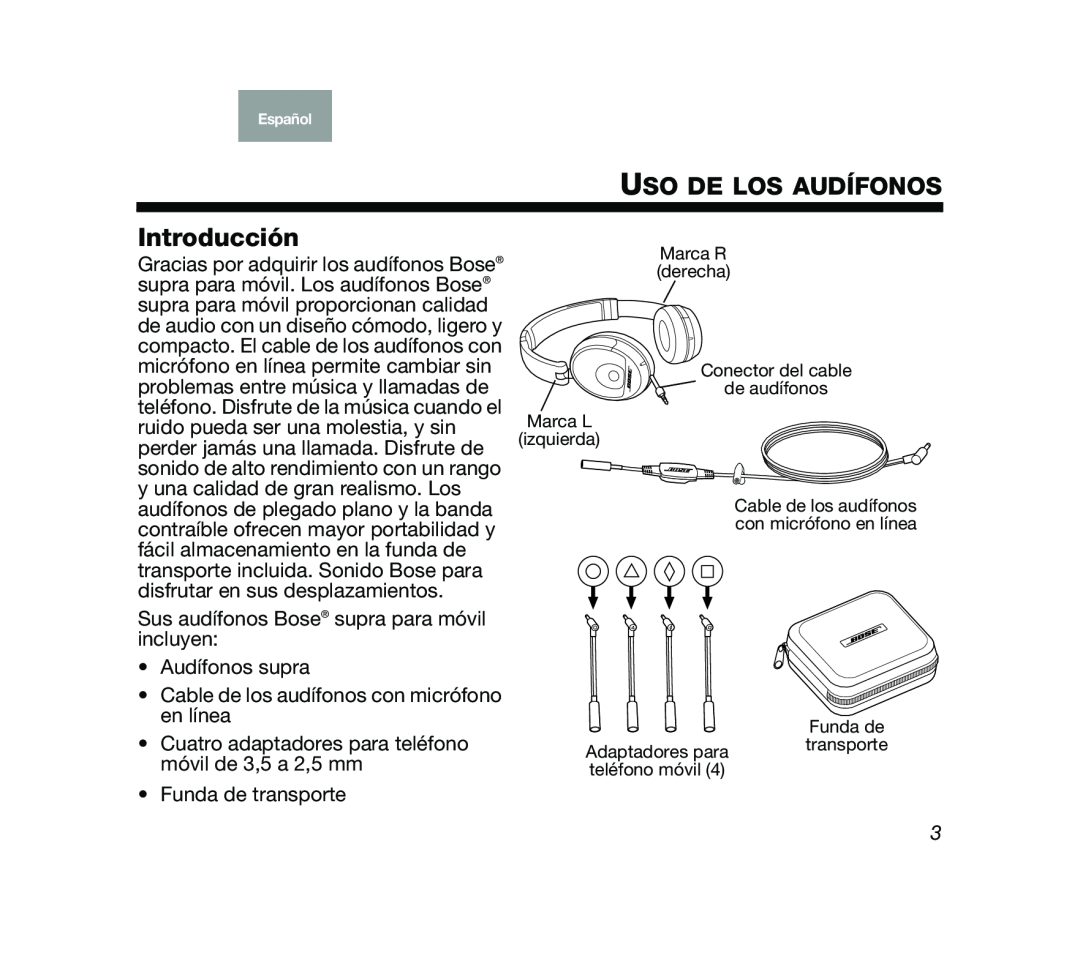 Bose Mobile On-Ear Headset manual USO DE LOS AUDÍFONOS Introducción 