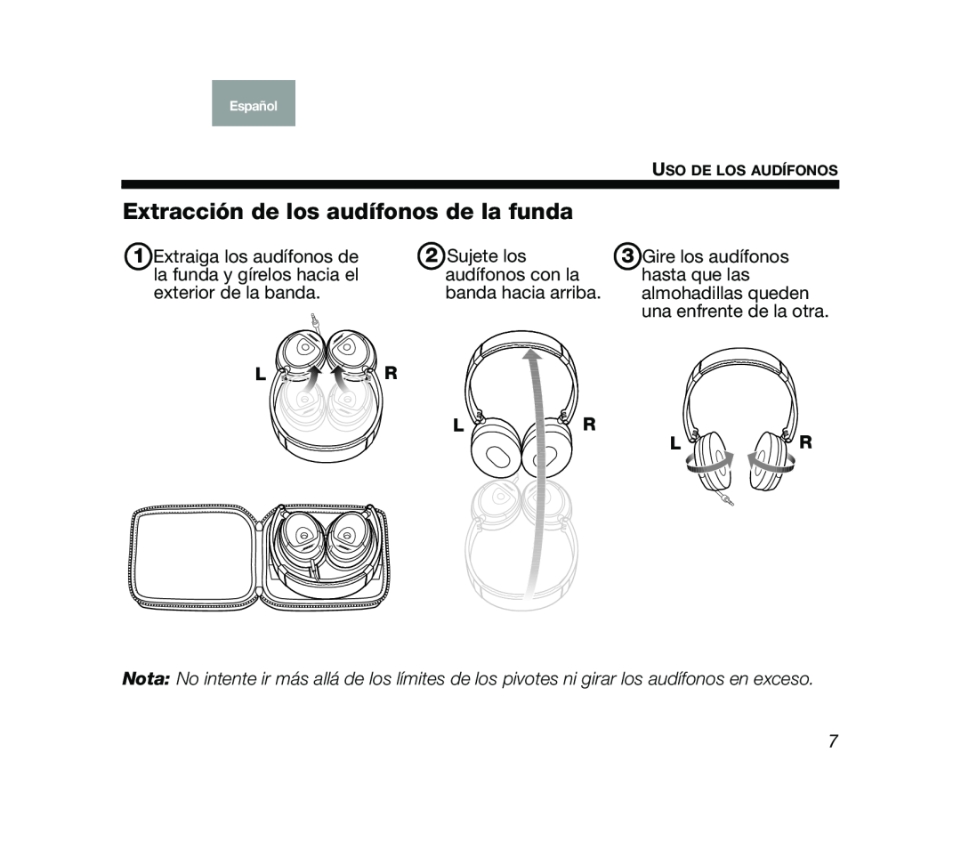Bose Mobile On-Ear Headset Extracción de los audífonos de la funda, L R L R L R, una enfrente de la otra, Español, Dansk 