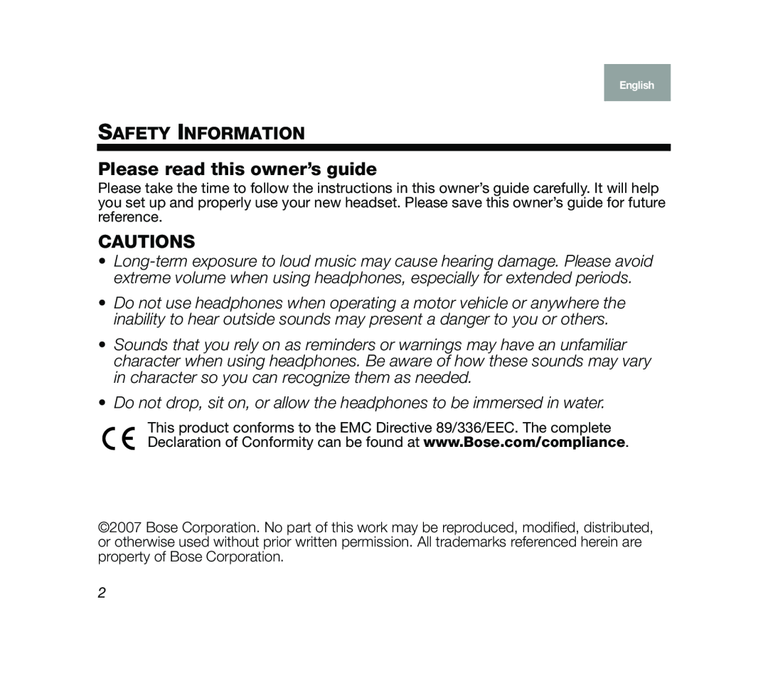 Bose Mobile On-Ear Headset manual SAFETY INFORMATION Please read this owner’s guide, Cautions 