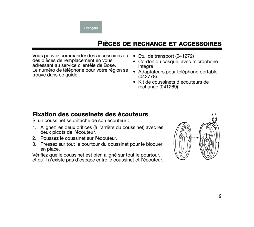 Bose Mobile On-Ear Headset manual Pièces De Rechange Et Accessoires, Fixation des coussinets des écouteurs 