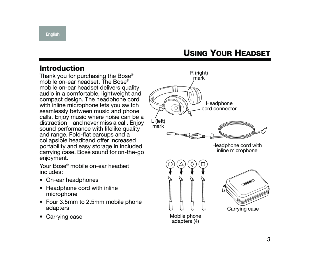 Bose Mobile On-Ear Headset manual Using Your Headset, Introduction 