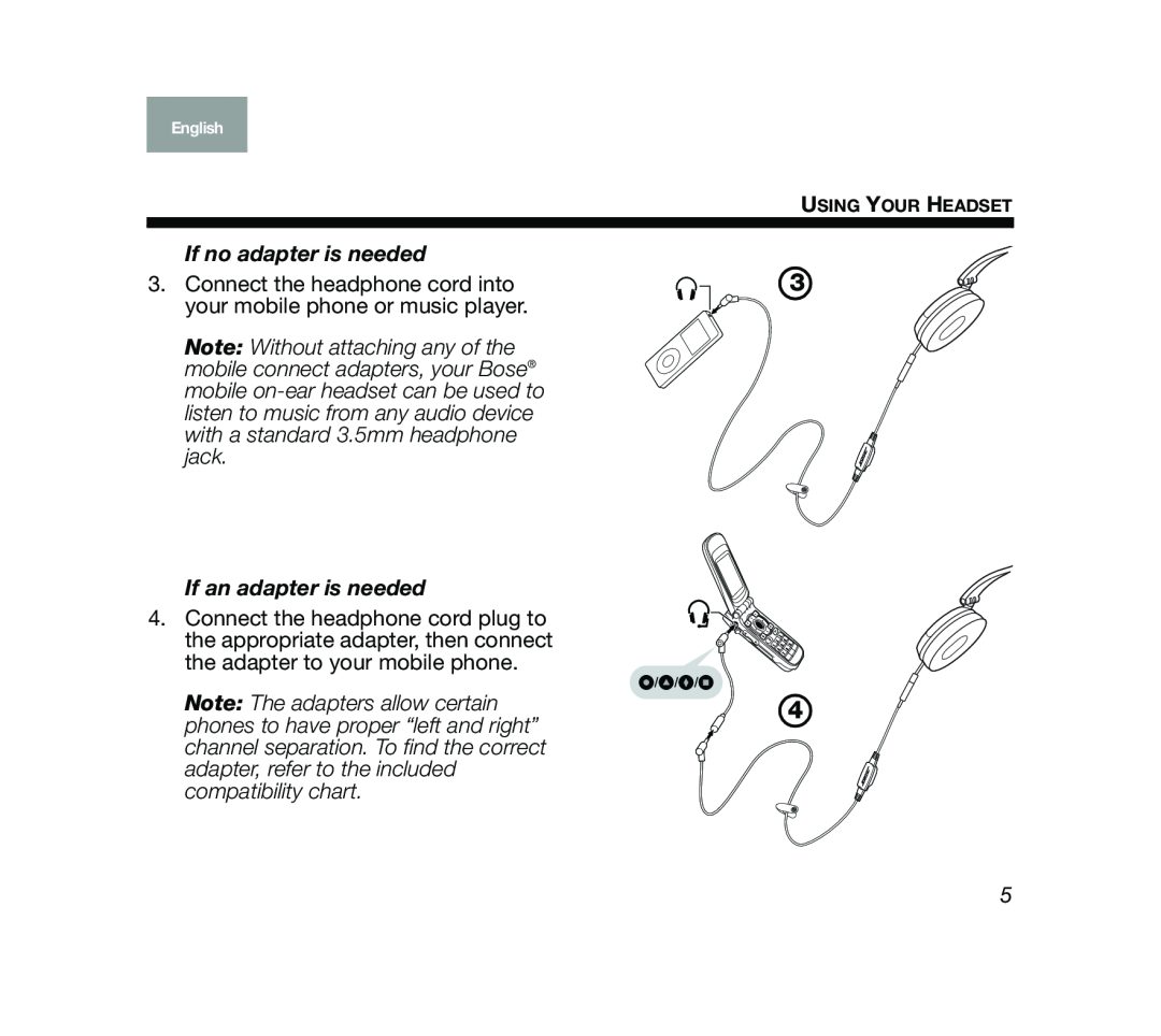 Bose Mobile On-Ear Headset manual If no adapter is needed, If an adapter is needed 