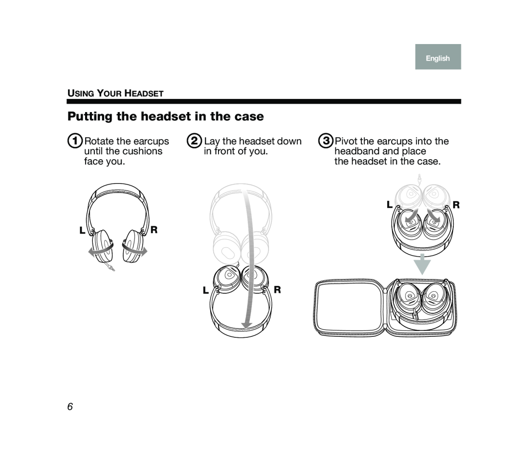 Bose Mobile On-Ear Headset Putting the headset in the case, L R L R, Svenska, Nederlands, Italiano, Français, Español 